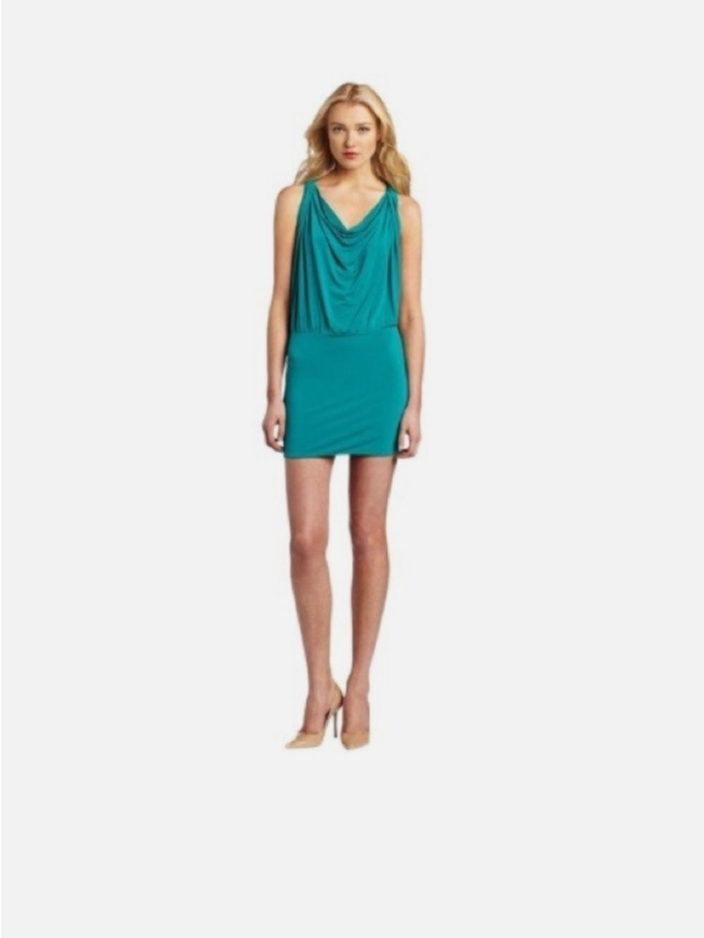 BCBGMaxAzria Yulia Teal Draped Neck Sleeveless Dress